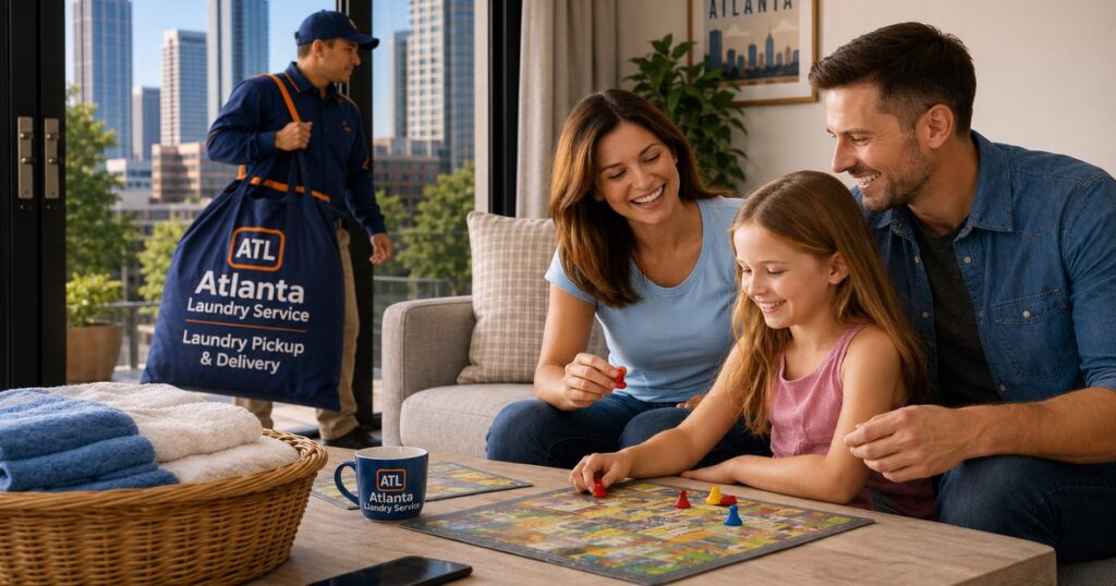 Family relaxing in an Atlanta short-term rental while an Atlanta Laundry Service driver handles Airbnb laundry turnover