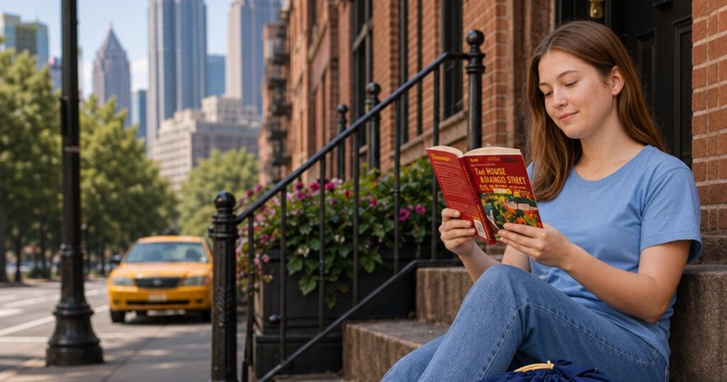 Atlanta college student reading on city row house steps next to an Atlanta Laundry Service pickup bag