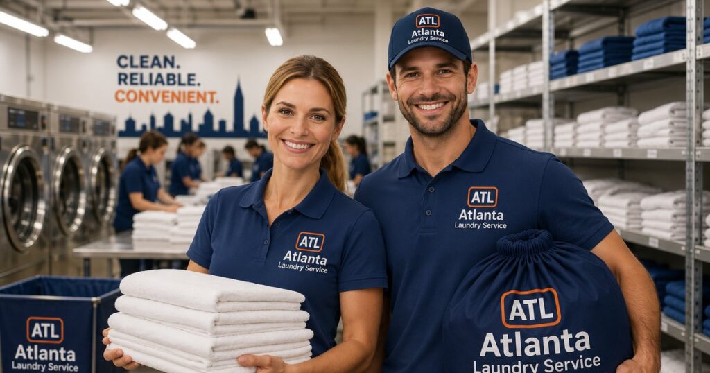 Atlanta Laundry Service commercial laundry facility staff holding fresh towels and linens for Atlanta businesses