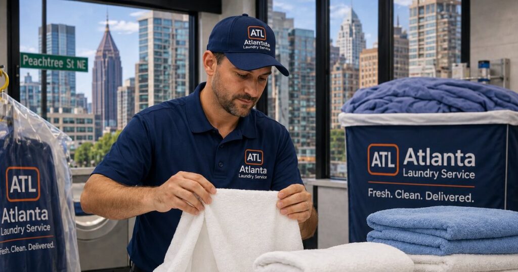 Atlanta Laundry Service team member folding towels next to dry cleaning garment bags in Atlanta