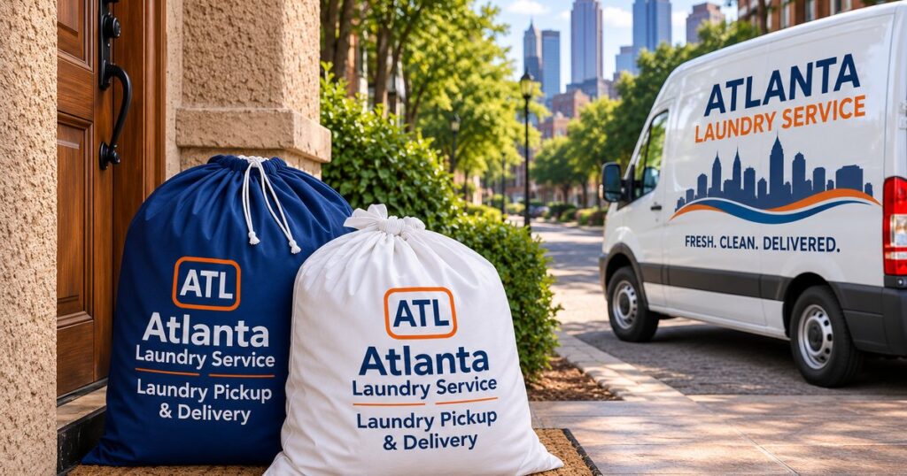 Atlanta Laundry Service delivery van and laundry pickup bags left on a doorstep in Atlanta