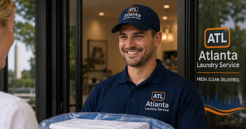 Atlanta Laundry Service driver delivering pressed linens for a wedding or restaurant event in Atlanta